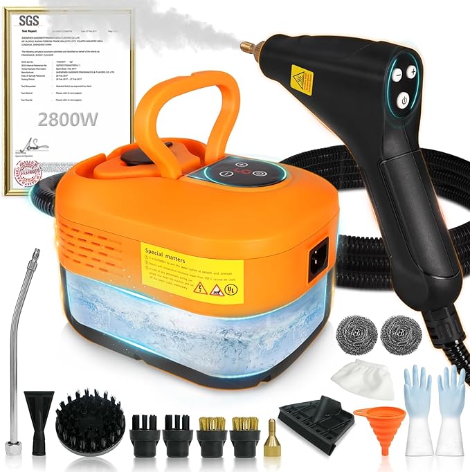 15-IN-1 Handheld Steam Cleaner【2800W Powerful Motor】【6 Level Pressure Steam - 4 BAR High Pressure】with Handle Control Button Cleaner for Home, Car, Kitchen - Orange