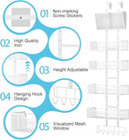 Adjustable Over The Door Organizer, Hanging Door Storage with PVC Pocket and 4 Metal Baskets Wall Mount, Closet Door Organizer Behind Door Rack for Bathroom Bedroom Closet, White