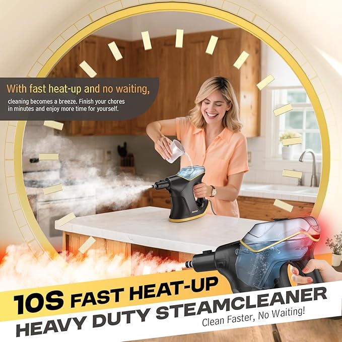 Heavy Duty Steam Cleaner with Continuous Spray & Safety Lock, Multipurpose Handheld Steamer for Home Use, 10S Fast Heating Steamer with 9PC Accessories for Car Furniture Kitchen Grout and Upholstery