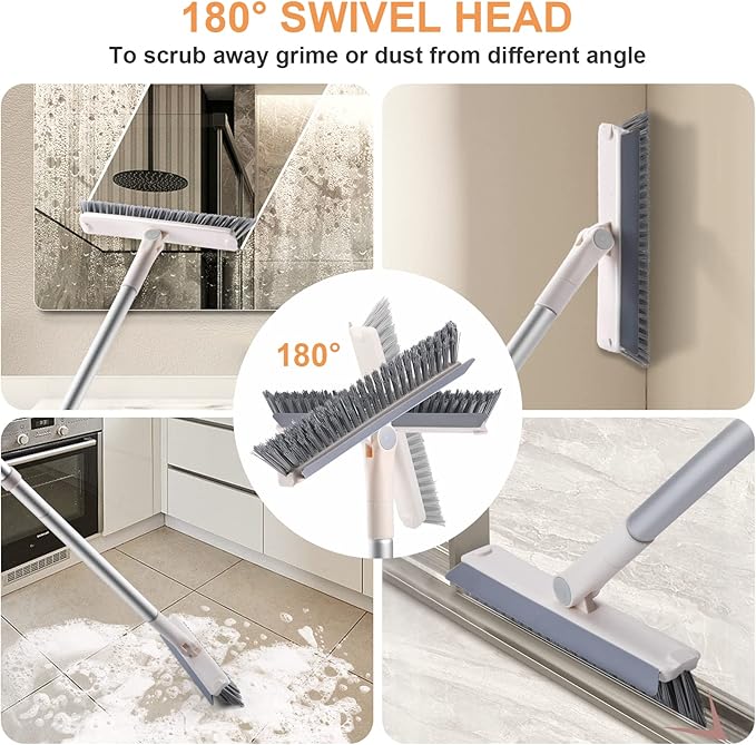 Grout Brush with Long Handle, 2 in 1 V-Shaped Floor Scrub Brush for Cleaning, Bathroom, Garage, Wall, Patio, and Tile, Stiff Bristle Brush with 54'' Telescopic Handle