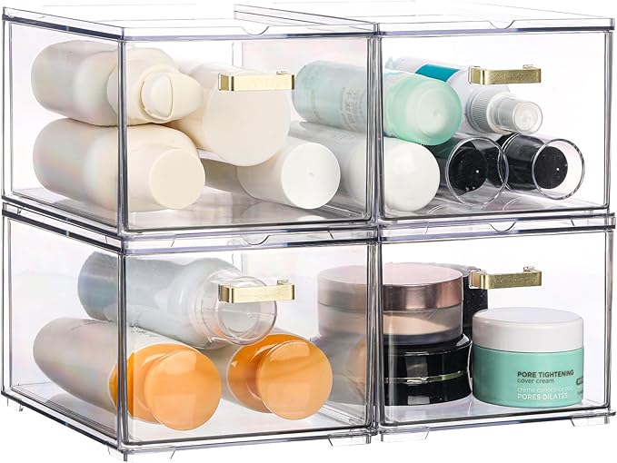 4 Pack Clear Stackable Storage Drawers, 8" Tall Bathroom Makeup Organizer with Handle, Plastic Organizer Bins Easy Assembly for Home, Kitchen, Pantry, Cabinet Under Sink Organization