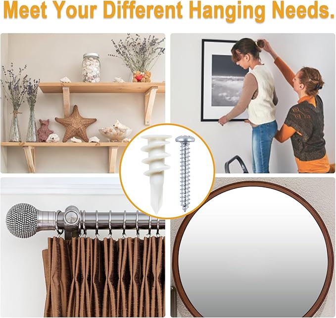 KURUI #8 Self Drilling Drywall Anchors with Screws Kit, Heavy Duty Dry Wall Anchors for Hanging Sheetrock, 50 Self-Tapping Plastic Drywall Hangers 50 Sheet Rock Screws, 100PCs Mounting Hardware -75LB