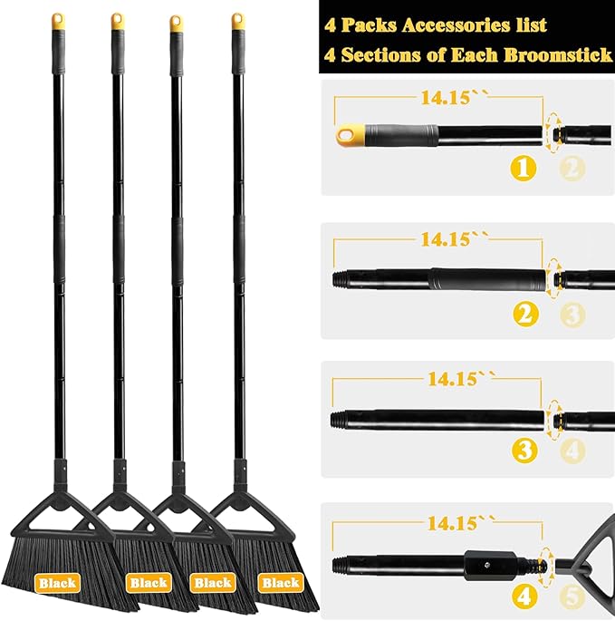Heavy Duty Broom Outdoor Indoor, Upgraded Commercial Angle Brooms, Black Broom for Sweeping House, Restaurant, Kitchen, Garage, Courtyard