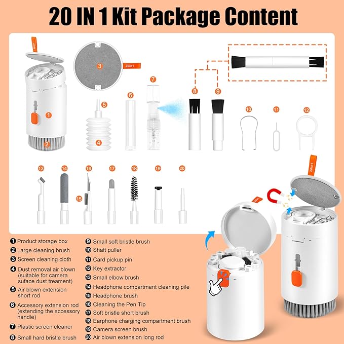 walrfid Laptop Phone Screen Cleaner Kit, Computer Keyboard Brush Cleaning Spray for iPhone AirPods MacBook iPad, 20-in-1 Electronic Device Clean Tool for Camera Earbud Car Screens (White)