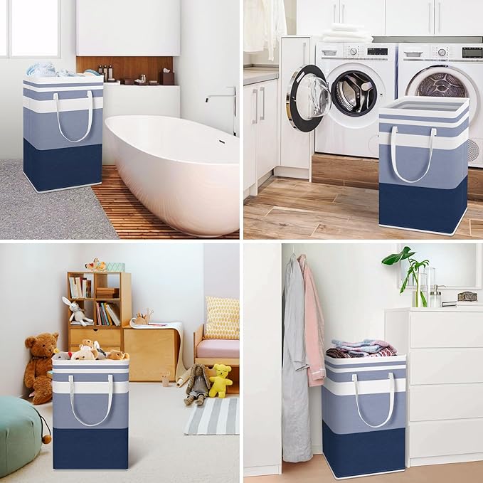 HomeHacks 2-Pack Large Laundry Basket, Waterproof, Freestanding Laundry Hamper, Collapsible Tall Clothes Hamper with Extended Handles for Clothes Toys in the Dorm and Family (Blue, 88L)