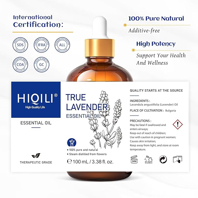 HIQILI Lavender Essential Oil - 100% Pure Undiluted, for Aromatherapy Diffuser at Room & Office, Relax Mind and Better Sleep, Therapeutic Grade | 100ML with Glass Dropper