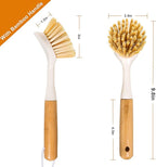 2 Pack Kitchen Dish Brushes with Bamboo Handle, Dish Scrubber Built-in Scraper, Scrub Brush for Pans, Pots, Counter & Kitchen Sink Cleaning, Dishwashing and Cleaning Brush Tools, White