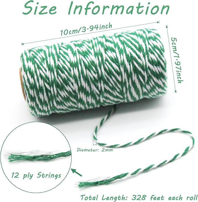 Benvo Pack of 2 Green White Cotton Twine and Red White Packing String Christmas Xmas Twine Rope Ribbon Cord for Baking, Butchers, DIY Crafts Wrapping Ornaments Hanging 656 ft Long