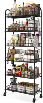 6 Tier Slim Storage Cart with Wheels, Metal Mobile Shelving Unit Organizer Utility Cart for Office Bathroom Kitchen Laundry Room Narrow Places (10inches)
