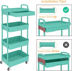 Calmootey 4-Tier Rolling Utility Cart with Drawer,Multifunctional Storage Organizer with Plastic Shelf & Metal Wheel,Storage Cart for Kitchen,Bathroom,Living Room,Office,Green