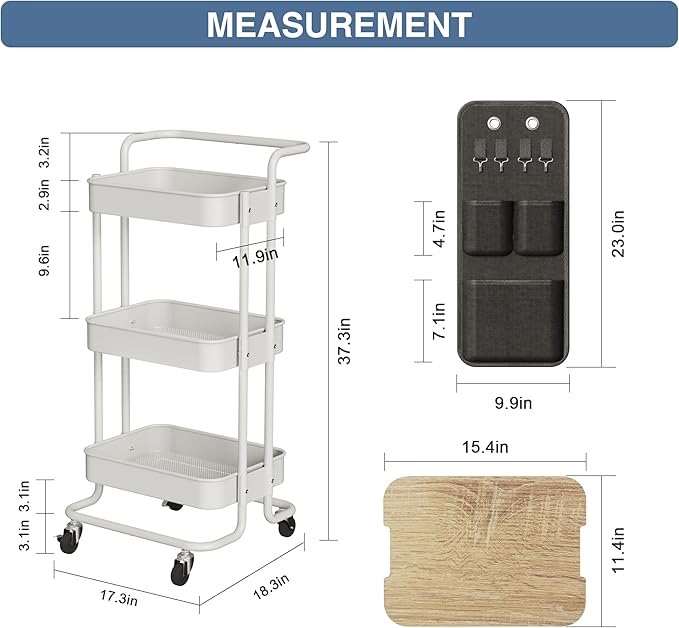 DTK 3 Tier Metal Utility Rolling Cart with Table Top and Side Bags, Metal Tray Storage Organizer Cart with Wheels, Art Craft Cart with 4 Hooks for Kitchen Bathroom Office Living Room (White)