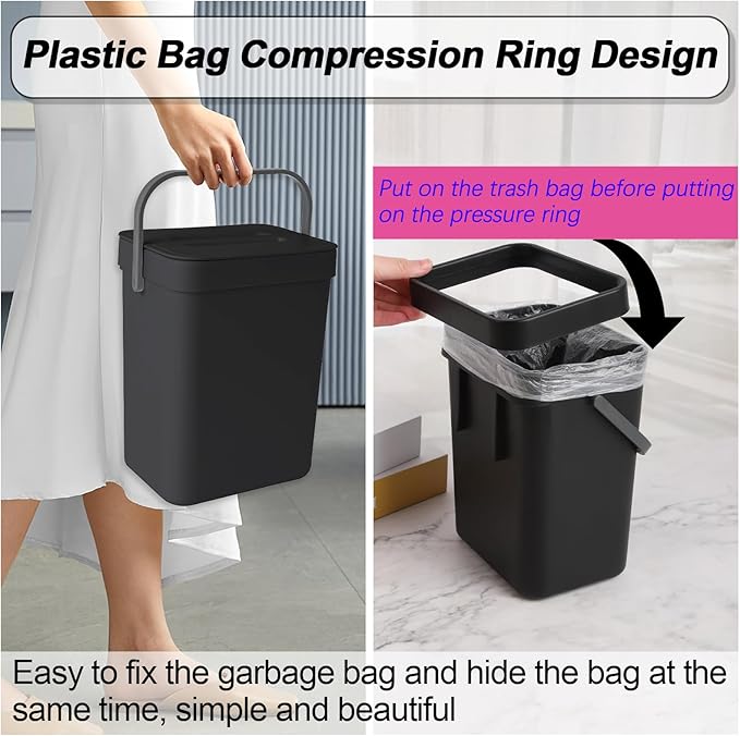 Compost Bin Kitchen, Bring 5 Rolls (100) of Garbage Bags, for Use on Countertops or Under Sinks, Hanging Trash Can with Lid, for Cupboard/Bathroom/Bedroom/Office/Camping(Black 1.3 Gallon/5L)