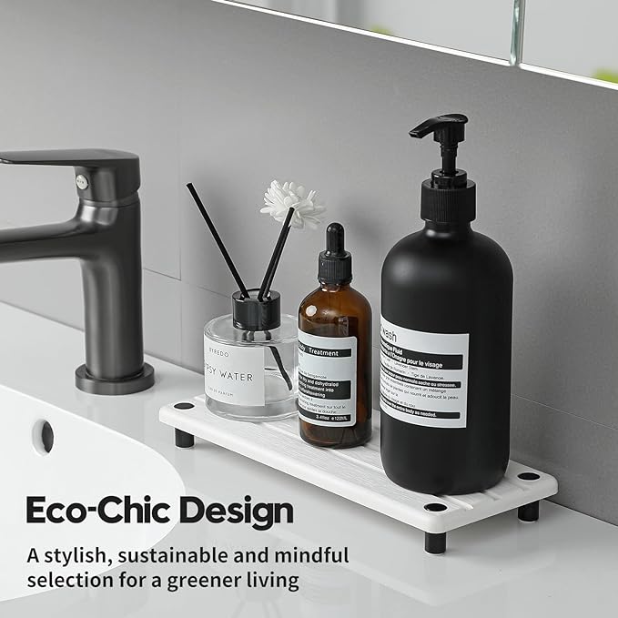 Instant Dry Sink Caddy Kitchen Sink Organizer, Quick Drying Diatomaceous Earth Stone Sink Tray Sponge Holder Soap Dish, Bathroom Countertop Vanity Dispenser Toothbrush Bottle, White, 10" x 4"