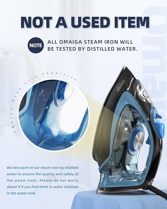 Steam Iron for Clothes, 1750W Clothes Iron Rapid Heating, Non-Stick Ceramic Soleplate, 3-Way Auto-Off, 15.21oz Water Tank, Self-Cleaning, Anti-Drip, Anti-calc Ironing Clothes for Home, Blue