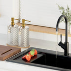 Hand and Dish Soap Dispenser Set for Kitchen Sink,18Oz Glass Soap Dispenser Bathroom with Wood Tray & Gold Stainless Steel Pump,Spiral Stripe Design