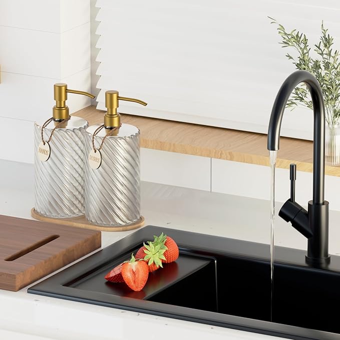 Hand and Dish Soap Dispenser Set for Kitchen Sink,18Oz Glass Soap Dispenser Bathroom with Wood Tray & Gold Stainless Steel Pump,Spiral Stripe Design