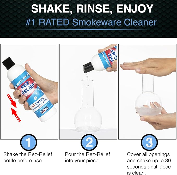 SNOWTREE - 4 Pack Rez Relief Glass Cleaner Solution for Glass, Ceramic, Metal & Silicone - 12 Fluid Oz Bottle (4 Pack) - Refreshing Citrus Scent Glass Cleaner Liquid - Removes Stains & Smells