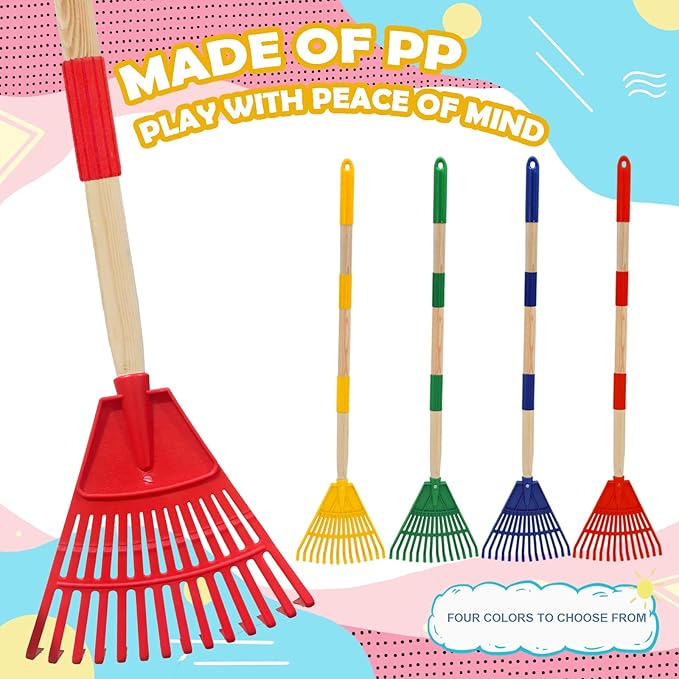 Kids Leaf Rake - 3-Section Adjustable Handle, Lightweight, Wood & Plastic, Small Garden Tool for Children (Red+Yellow)