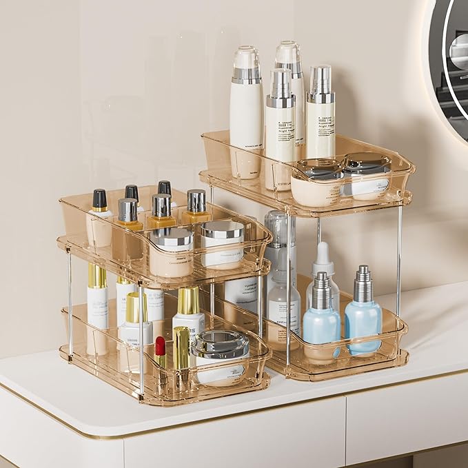 Delamu 2 Sets of 2-Tier Clear Under Sink Organizers and Storage, Multi-Purpose Stackable Bathroom Cabinet Organizers, Amber