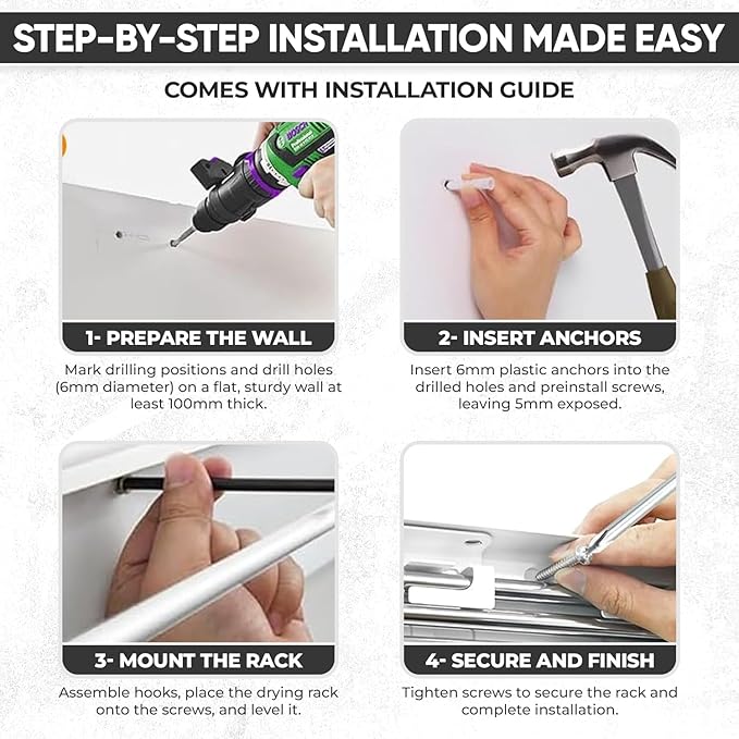 Wall Mounted Laundry Drying Rack, Retractable Clothes Drying Rack, 6 Rods Towel Drying Rack with Wall Template for Installation, Magnetic Dryer Ball Holder with Dryer Balls, White