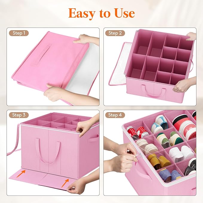 Lifewit 4 Pack Shoe Storage Organizer for Closet, Large Shoe Box Storage Containers with Clear Cover, Foldable Storage Bins Fit for Boots Fits 48-64 Pairs (Each 12-16 Pairs) Pink