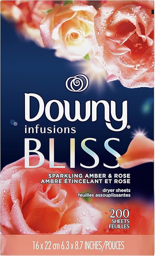 Downy Infusions Dryer Sheets, Laundry Fabric Softener, Bliss, Sparkling Amber & Rose, 200 count.