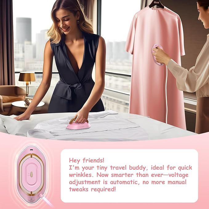 Newbealer Travel Iron with Global Voltage, 100-240V Mini Dry Iron for Clothes (No Steam), Max 300W, 60s Heat Up, 302℉ Non-Stick Ceramic Soleplate, 0.8lbs Ultra-Lightweight (Pink)
