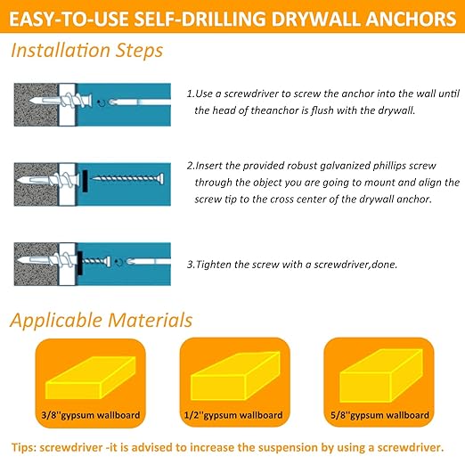 Self Drilling Drywall Anchors - 104Pcs Dry Wall Anchors and Screws Kit for Drywall,52 Self-Tapping/Threaded Plastic Sheetrock Anchors + 52#8 x 1-1/4'' Screws, Heavy Duty 75LB Hanging