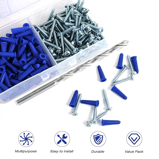 Concrete Anchors and Screws Kit, 201PCS Drywall Anchor Screws, 100PCS #10-12 Plastic Anchors and 100PCS Self Tapping Screw with 1PCS Drill Bit for Stucco Concrete Masonry Brick