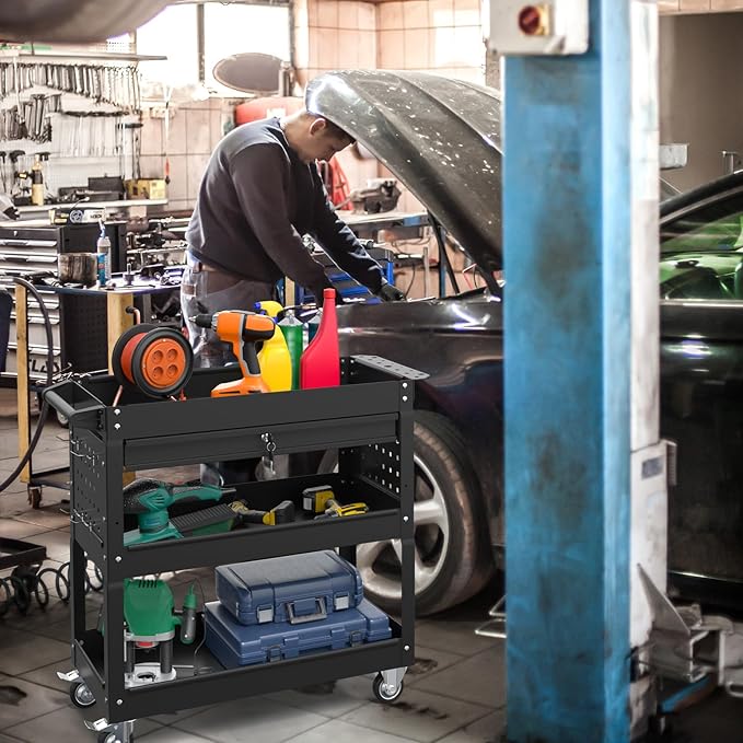 3 Tier Rolling Tool Cart with Drawer, 450 LBS Heavy Duty Utility Cart on Wheels, Service Cart for Garage, Workshop and Warehouse (Black)