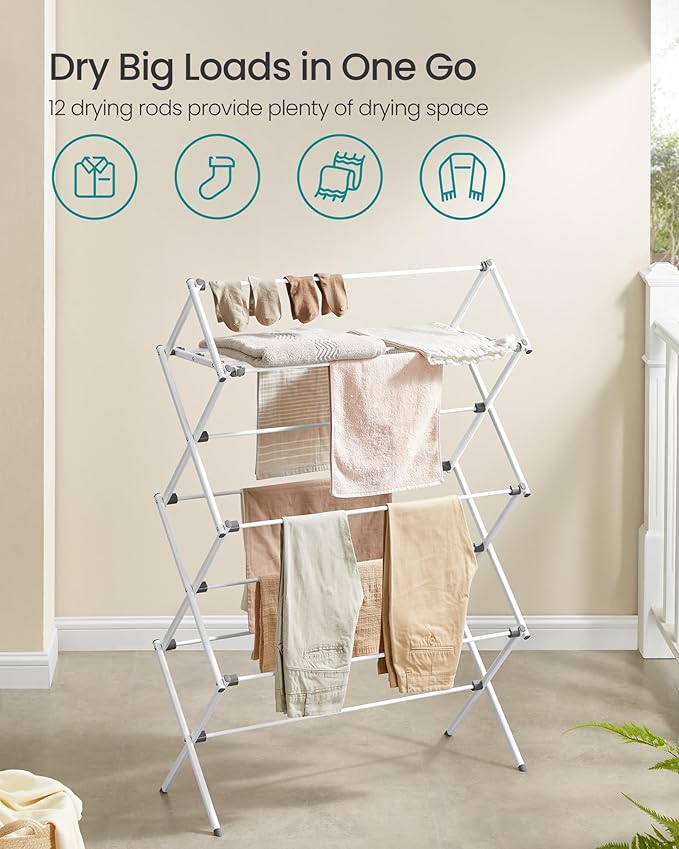 SONGMICS Foldable Clothes Drying Rack, Laundry Drying Rack, Clothes Airer, Steel Frame, 14.6 x 36.6 x 53.2 Inches, Easy Assembly, Indoor Outdoor Use, Pearl White ULLR771W01