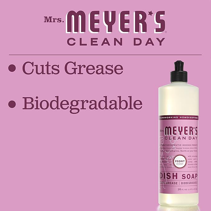 MRS. MEYER'S CLEAN DAY Liquid Dish Soap, Biodegradable Formula, Peony, 16 Fl. Oz - Pack of 3