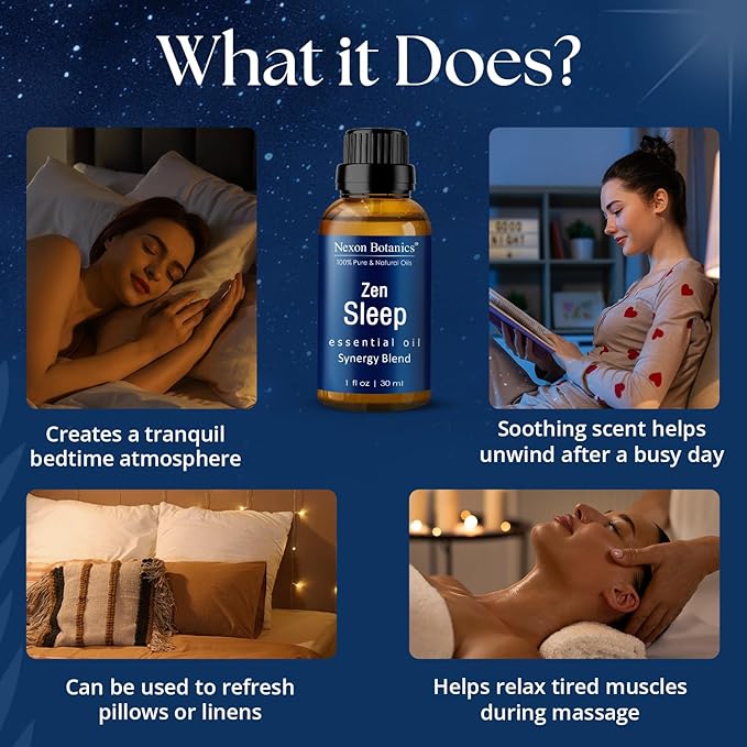 Zen Sleep Essential Oil Blend 30 ml - Lavender & Rosemary Relaxing Oil for Diffusers & Humidifiers - Calming Aromatherapy for Peaceful Sleep - Nexon Botanics