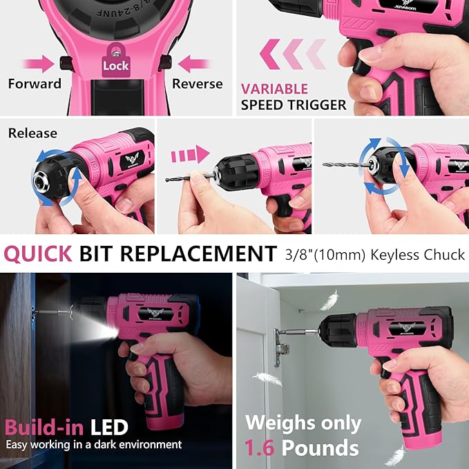 8V Cordless Drill, Drill Set with 3/8"Keyless Chuck, Built-in LED, Type-C Charge Cable, 12N.m, Variable Speed Trigger, Pink Electric Screwdriver for DIY- Women