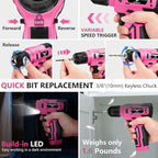 8V Cordless Drill, Drill Set with 3/8"Keyless Chuck, Built-in LED, Type-C Charge Cable, 12N.m, Variable Speed Trigger, Pink Electric Screwdriver for DIY- Women
