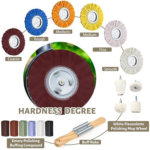 Liliful 18 Pcs 8" Airway Buffing Wheel, Aluminum Wheel Polishing Kit in Diameter 5/8 Inch Arbor Hole, Polishing Compound and Aluminum Metal Rake Kit for Angle Grinder Mirror Finish