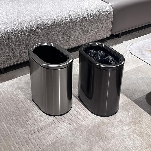 2.4GAL Gloss Black Bathroom Trash Can,Silm Garbage Can with Garbage Bag Inner Lining,Suitable for Bathroom,Bedroom,Hotel,Office,RV (Black Gold)