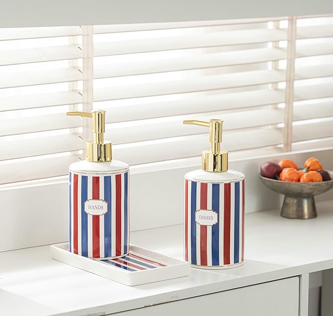 Patriotic Red, White & Blue Ceramic Soap Dispenser Set with Gold Pump – 3-Piece Bathroom & Kitchen Accessories with Tray, Refillable Lotion & Dish Soap Pump Bottles for Fourth of July & Nautical Décor