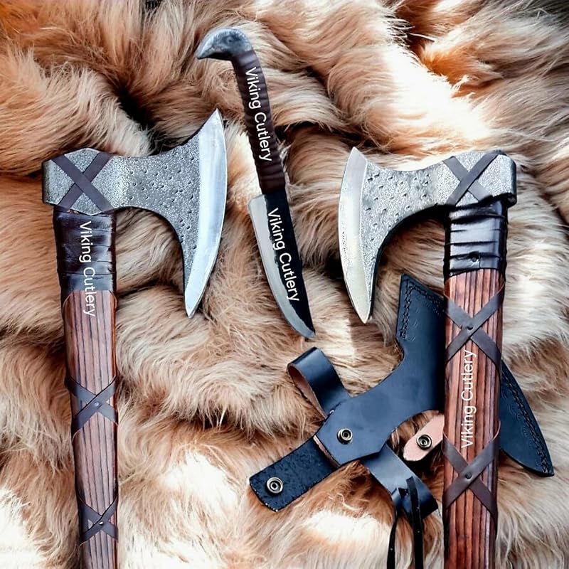 [Viking Cutlery] 27'' Viking Ragnar Axe with Free Odin Forged Knife – Gift Set | Authentic Ragnar Lothbrok Axe – Handcrafted Viking Axe for Camping with Leather Sheath | Ideal Gift for Men