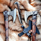 [Viking Cutlery] 27'' Viking Ragnar Axe with Free Odin Forged Knife – Gift Set | Authentic Ragnar Lothbrok Axe – Handcrafted Viking Axe for Camping with Leather Sheath | Ideal Gift for Men