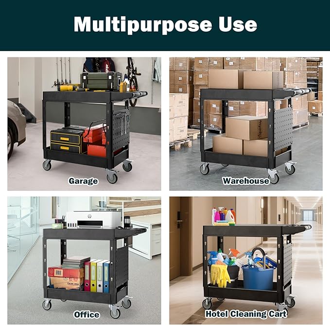 Heavy Duty Utility Service Tool Cart, 39 x 17 in, 2 Shelf Flat Top Rolling Cart with Hanging Board, 550LBS, Swivel Wheels, Ergonomic Handle for Garage, Warehouse, Office, Workshop, Auto Repair