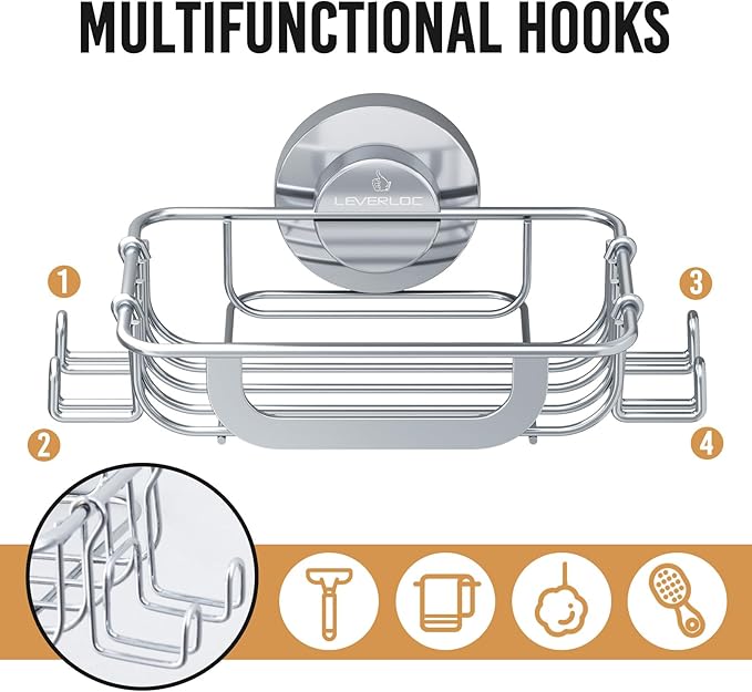 LEVERLOC Soap Holder Dish with Hooks for Shower, Bar Suction Cup Soap Tray Wall Mounted, Rustproof Stainless Steel No-Drilling Sponge Holder Caddy for Bathroom Bathtub Kitchen Sink, Silver