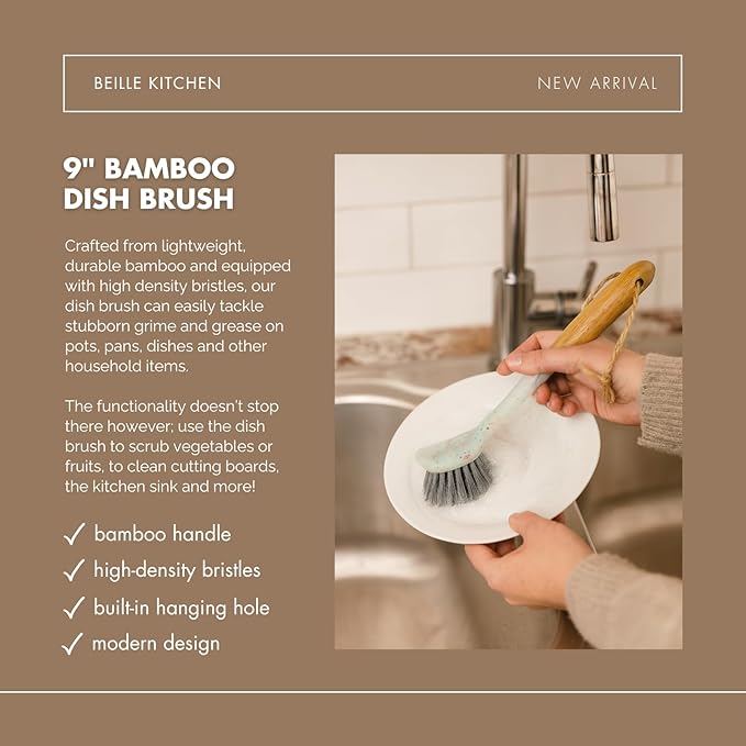 Beille 1pc Dish Brush with 9 Inch Bamboo Handle Household Essentials Cleaning Supplies
