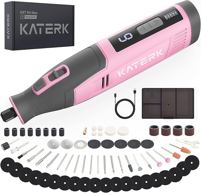 Katerk Cordless Rotary Tool, 4000mAh Battery, 6-Speed, 28000RPM, Rotary Tool Kit with 70 Accessories Light duty Engraving Pen for Sanding, Polishing, Drilling, Etching, Grinding, Wood Carving