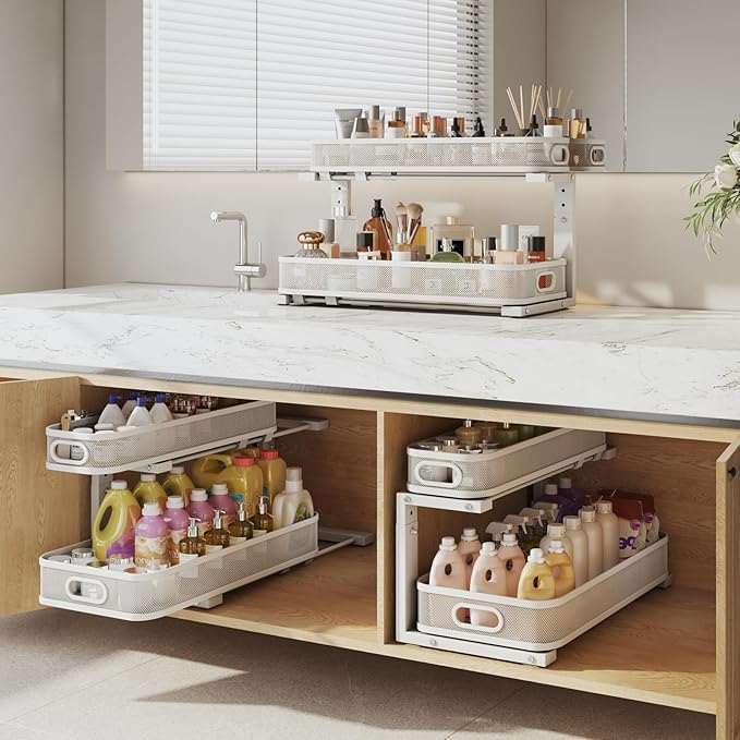 2 Pack 21.3IN-Depth Under Sink Organizer with Smooth Cylindrical Rail,2-Tier Pull Out Multi-Purpose Cabinet Storage for Bathroom&Kitchen,Height Adjustable,Rust-Resistant Coating-White