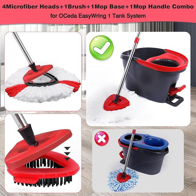 Mop Heads Replacements Complete Combo for O-Ceda,4 Pcs Red Machine Washable Microfiber Spin Mop Refills Replace Heads,1 Scrub Brushs,1 Base,1 Set Handle,Spin Mop Replacements for Tub and Tile Cleaning