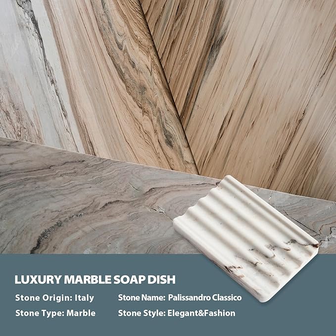 2PCS Koville Italian Natural Marble Soap Dish for Shower, Multi-Color Stone Soap Tray for Bathroom, Bar Soap Holder for Sink, Stripe Grooves Soap Saver Sponge Holder (White/Brown Random)