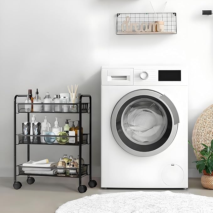 3 Tier Rolling Cart, Rust-Resistant Mesh Wire Metal Utility Cart with Wheels & 4 Side Hooks, Tool-Free Assembly, for Kitchen, Bathroom, Laundry Room, Living Room, Pantry, Dorm