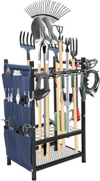 3-Tier Garden Tool Organizer Rack, Heavy Duty Metal Yard Tool Stand for Garage, Shed, Outdoor, Holds Up to 50 Long-Handled Tools, Rakes, Brooms, Shovels