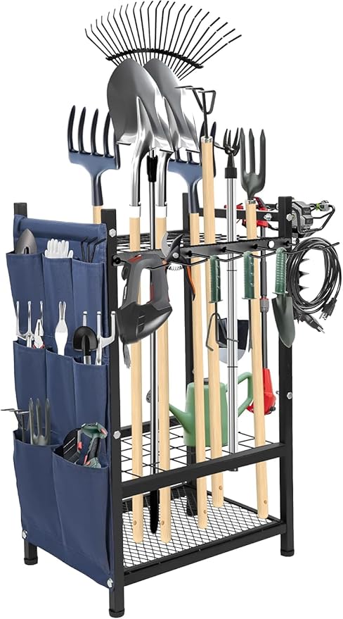 3-Tier Garden Tool Organizer Rack, Heavy Duty Metal Yard Tool Stand for Garage, Shed, Outdoor, Holds Up to 50 Long-Handled Tools, Rakes, Brooms, Shovels